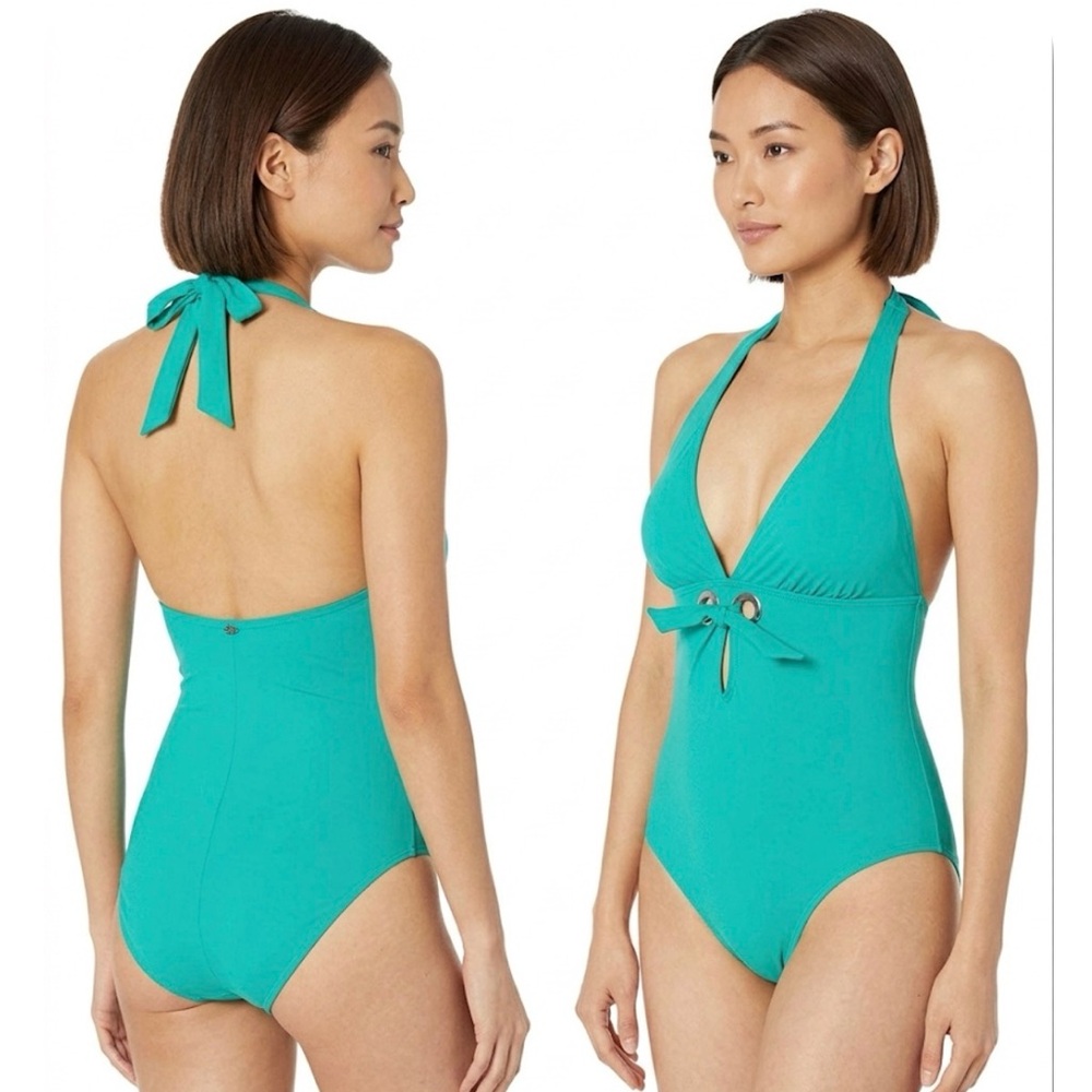 AMORESSA - New women’s jade green Halter V- neck Murano one piece swimsuit SZ 12